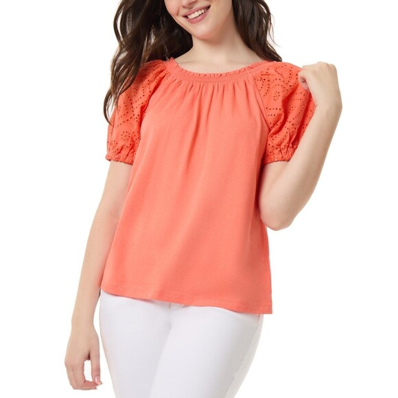 Jones New York Petite Embroidered-Sleeve Smocked-Neck Top,  Coral Sun, PS - Picture 1 of 3